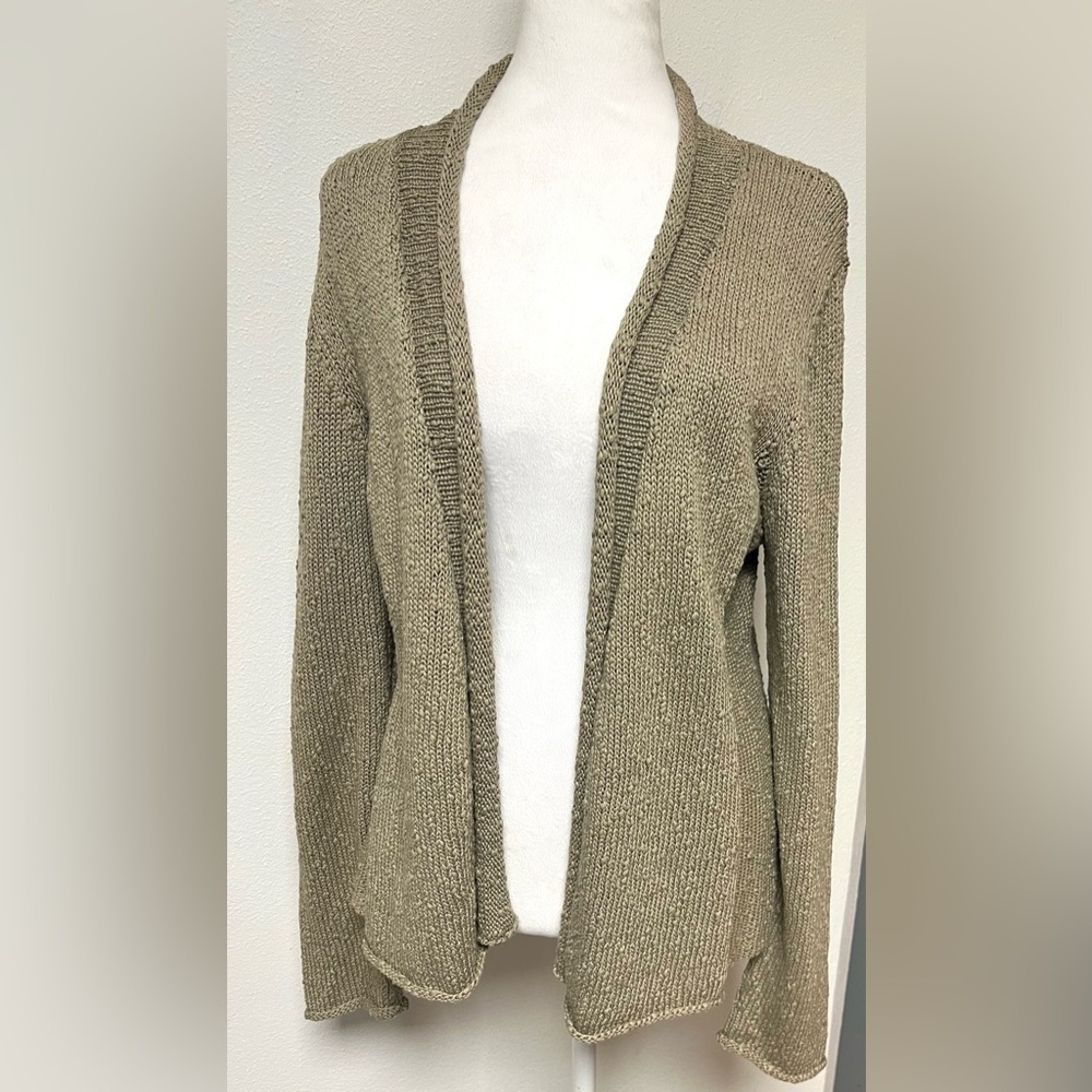 Eileen Fisher 100% Cotton Textured Knit
Sand Color Open Front Cardigan
Size PL